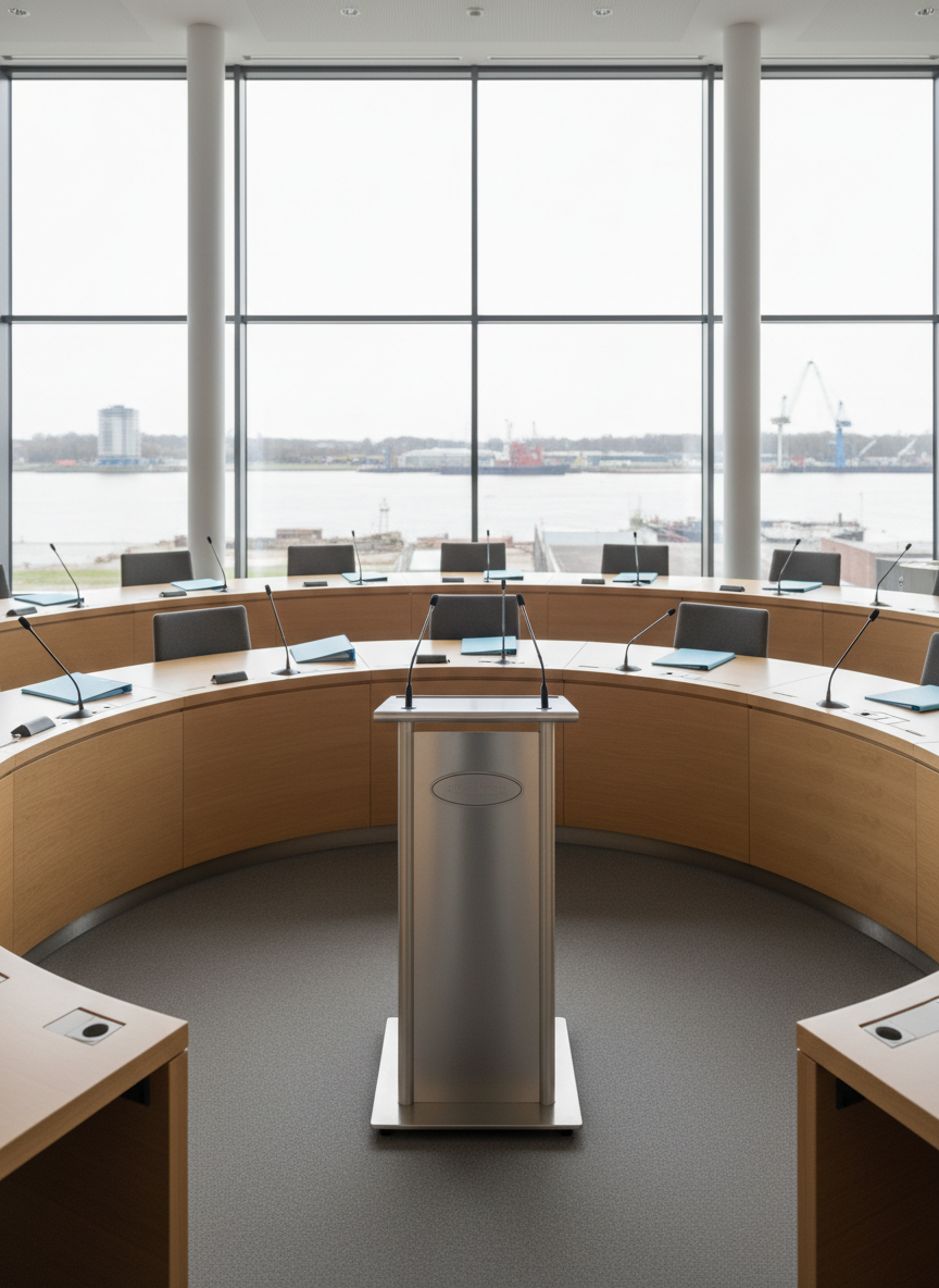 A clean, modern council chamber in Nordenham represented without people, focusing on a semi-circular arrangement of polished light-wood desks with built-in microphones and paper folders. In the center stands a sleek metal lectern with a blank, neutral emblem plate hinting at local government identity. Large windows reveal an out-of-focus riverside skyline reminiscent of Nordenham. Soft, diffused daylight fills the room, creating gentle reflections on the wood surfaces. Photographic realism, eye-level composition with a wide-angle lens, sharp focus throughout. The mood is professional, factual, and neutral, ideal as a header image for a municipal election information site.