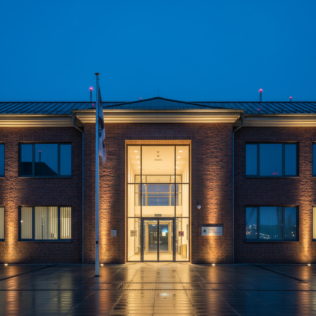 An evening exterior view of a municipal building in Nordenham, photographed without people, emphasizing architecture and civic atmosphere. The building’s brick façade and large glass entrance doors are warmly lit from inside, while subtle exterior spotlights accentuate clean lines and a small, neutral flagpole. In the background, a hint of the Weser river and industrial silhouettes identifies the region without dominating the scene. Blue hour ambient light mixes with the warm interior glow, creating a trustworthy, institutional mood. Photographic realism, slightly low-angle perspective with symmetrical composition, crisp details and a calm, professional atmosphere suitable for a government election site.