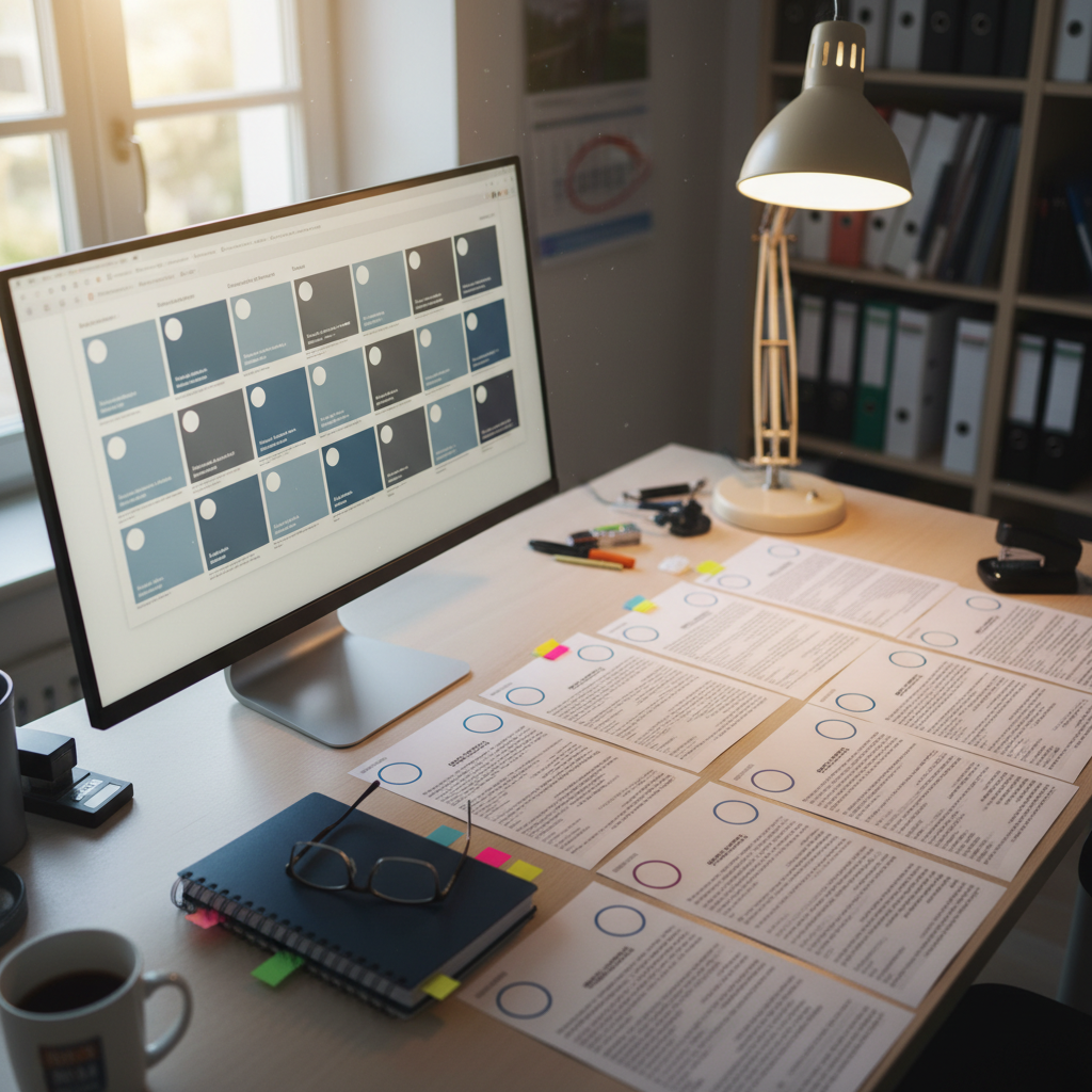 A detailed desktop workspace used for preparing candidate information for the local election in Nordenham, with no people present. A large monitor shows a blurred, neutral layout of multiple candidate tiles, while beside it lies a neatly arranged grid of printed, text-heavy profile sheets with small blank portrait placeholders. A closed notebook, color-coded sticky tabs, and a pair of reading glasses rest on the desk, hinting at careful editorial work. Natural daylight from a nearby window combines with a warm desk lamp, creating a balanced, focused atmosphere. Photographic realism, slightly angled top-down composition, shallow depth of field, conveying meticulous, factual presentation of political information.