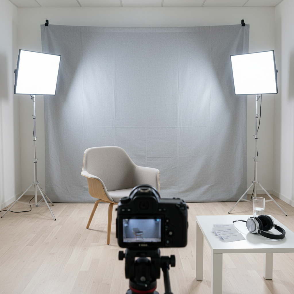A bright media room arranged for recording neutral, factual candidate videos in Nordenham, shown without any person present. A simple, light-grey backdrop stands behind an empty, modern chair, with two LED panel lights on slim stands casting even, soft illumination. A camera on a tripod faces the setup, its display glowing faintly. On a nearby table lie neatly stacked cue cards, a glass of water, and headphones. The overall mood is calm and organized, suggesting transparency and clarity. Photographic realism, eye-level composition with moderate depth of field, clean and modern aesthetic for an official election communication setting.