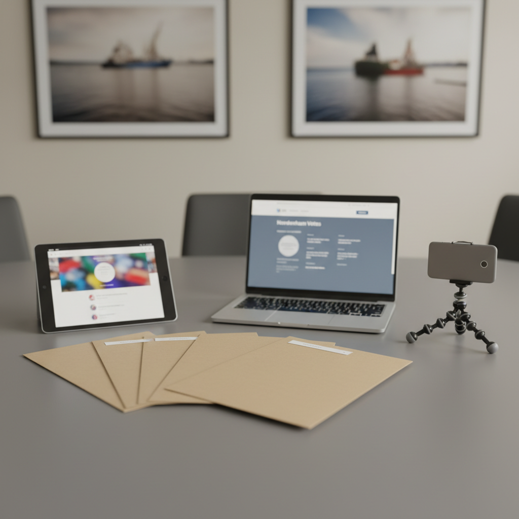 An orderly display of candidate profile materials laid out on a matte grey conference table, without any visible people. There are several neutral, unbranded cardboard folders, a digital tablet showing a blurred profile page, a laptop with a muted campaign website on screen, and a small tripod-mounted smartphone ready for video recording. Subtle hints of Nordenham’s waterfront appear in framed, out-of-focus photographs on the wall. Soft studio-style lighting from above and the side creates a clean, balanced look with minimal shadows. Photographic realism with a slightly elevated angle and shallow depth of field, conveying professionalism and careful preparation for a local election.